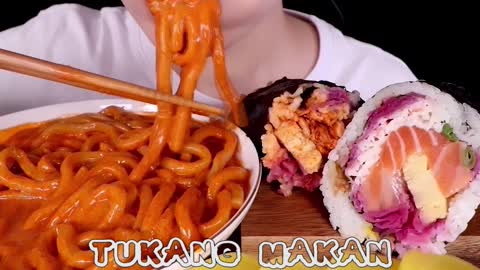 MUKBANG CREAMY FIRE NOODLE UDON, GIANT RICE BURRITO - ASMR