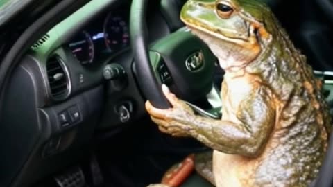 a frog is driving a car