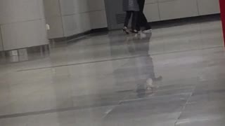 A couple ballroom dances on subway platform