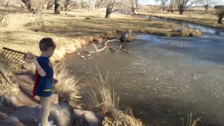 Son tosses rock onto thin layer of ice on slow motion