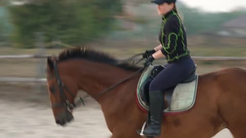 Horsegirl rides gallop on a brown horse in the outdoors sand arena