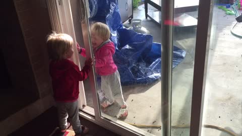 Identical Twins Play Through Glass Door