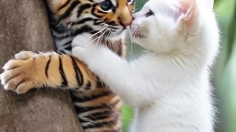 Cute Kitten And Tiger Cub Playing In A Tree