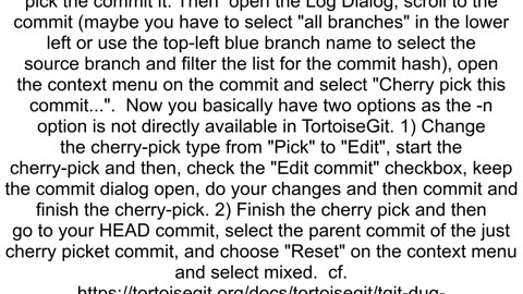 How can i Cherry pick a commit of another branch using TortoiseGit without committing