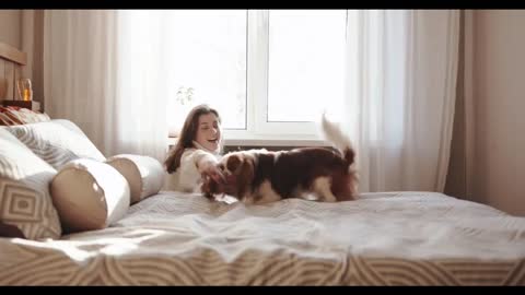 A young girl in a sweater plays with her dog in the room and throws her toy on the bed. Slow motion