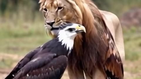 American eagle caresses a predatory African lion