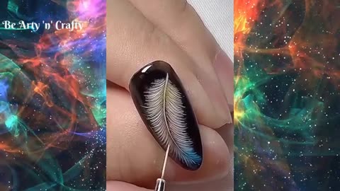 Hand painted feather nail design - black & white feather nail Art