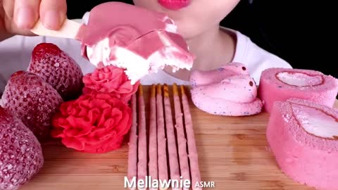 ASMR PINK ICE CREAM, MAGNUM, COOKIE, CAKE, MARSHMALLOW, FROZEN