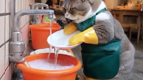 Adorable Cat Takes Over Dishwashing Duties! 🐱🧽"