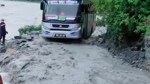 River crossing by bus 😥 extremely dangerous road Nepal 😭