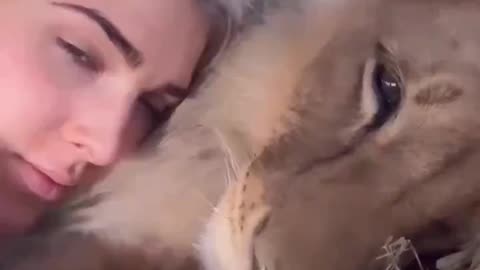 The wholesome moment a woman cuddles with the lion cub she raised