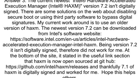 Intel haxm version 72 not digitally signed