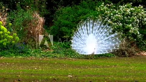 Beautiful white peacock with loose tail in natural environment. Albino peacock