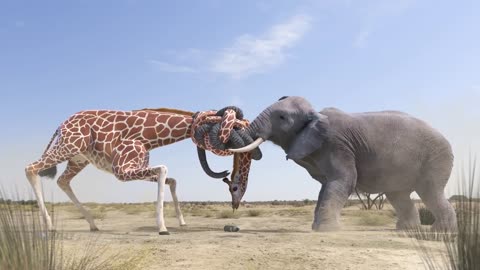 Elephant vs Giraffe Water Fight