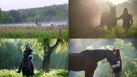 young woman riding a horse in nature. foggy weather