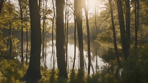 Tranquil scene of trees by lake with sun shining through