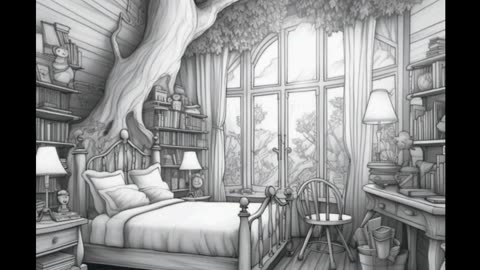 A Bedroom in the Woods AI Grayscale Coloring Book