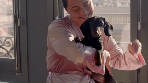 Beautiful young female with dark hair in a bun holding a black dachshund small dog