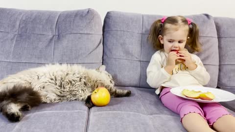 Baby_Girl_Treats_a_Fluffy_Cat_With_an_Apple