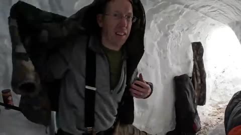 Dugout Shelter under 10ft (3m) of snow solo camping in survival shelter during snow storm.