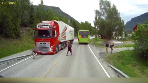 Semi Truck Narrowly Misses Kids Crossing Street