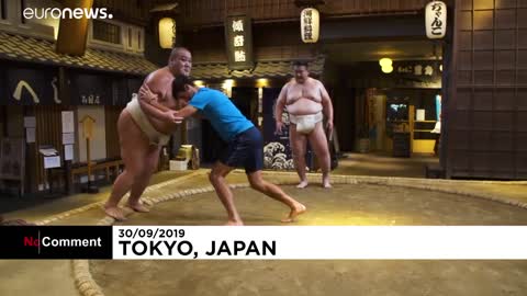 Novak Djokovic tries sumo wrestling ahead of the Japan Open