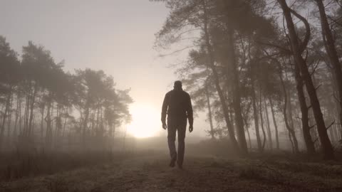 A man walking alone in the forest