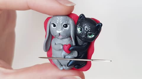 Magnetic needle holder for embroidery Fridge magnet Rabbit and Kitty handmade polymer clay AnneAlArt