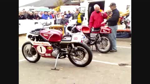 British race bikes- Bsa Rocket 3 and Norton Rotary outfit warming up