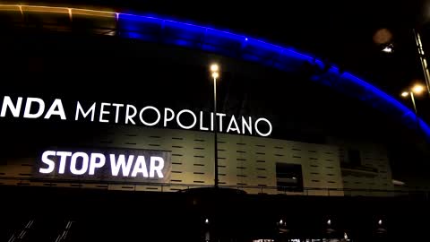 Atletico Madrid's stadium lights up in Ukrainian flag