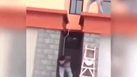 Funny man removed worker's ladder