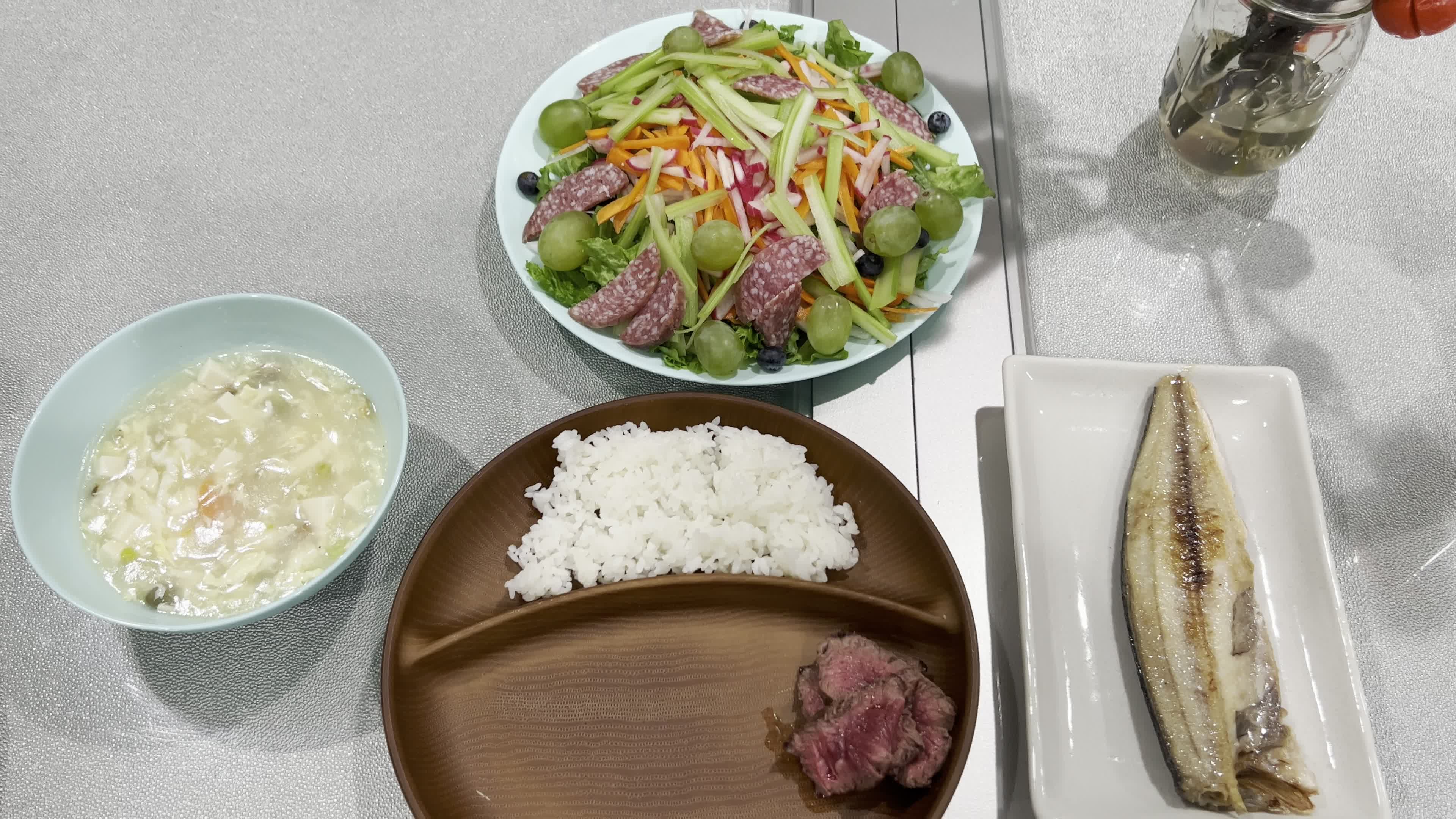 What we ate 24 Oct 2022: Rare filet mignon, mackerel, egg soup, salad, and rice.