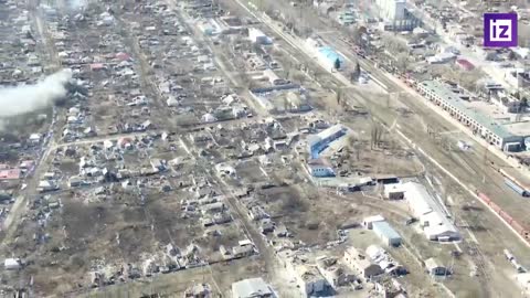 Footage from a copter from the Izvestia film crew showing the consequences of the destruction of the center of the city of Popasna