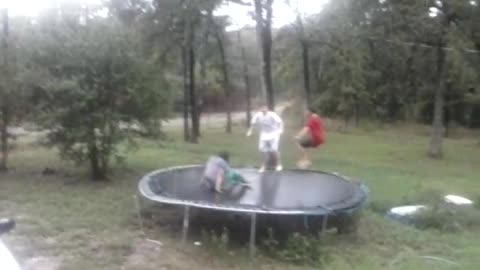 Kids Break Trampoline When Jumping In Rain