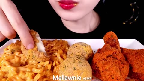 ASMR MUKBANG CHEESY CARBO FIRE NOODLES, CHICKEN, CHEESE BALL, CHEESE STICK EATING SOUNDS