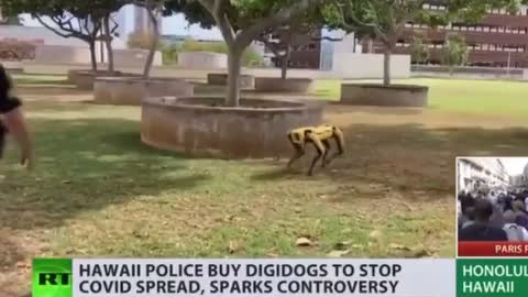 Cop pets a covid gestspo robot dog🤨