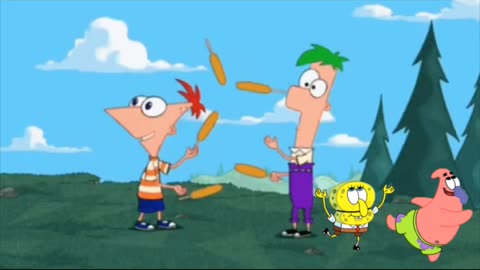 SpongeBob And Patrick Are Pretending To Be Imposters While Phineas And Ferb Juggle Corndogs