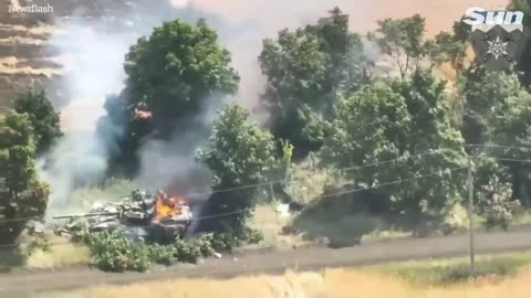 Ukrainian forces blow up two Russian tanks hiding between trees