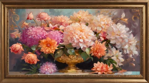 Vintage Hydrangea and Dahlia Painting | Antique Gold Frame TV Art | Framed Art Screensaver for TV