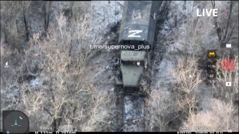 Russian soldiers abandon their military truck after Ukrainian Strikes.