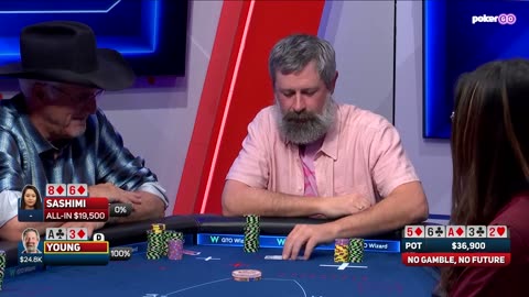 Sashimi Shoves Bluffs All-in with Small Pair! on No Gamble No Future!