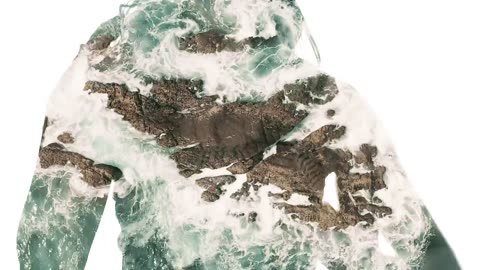 Double exposure video of a person and the sea