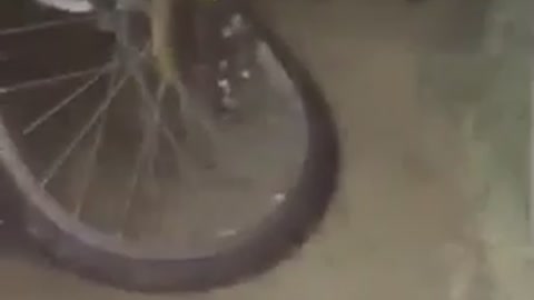 Man in black jumps on bike bends wheel