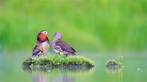 Beautifully colored ducks swimming in the river