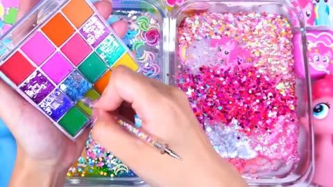 Little Pony Slime Mixing Random Cute, shiny things into slime #ASMR #slimevideos #Rainbow