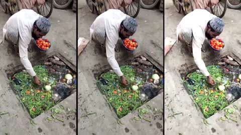 Vegetable seller caught washing veggies in sewer water