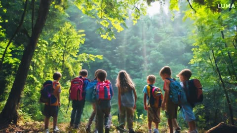 some kids are walking in the forest