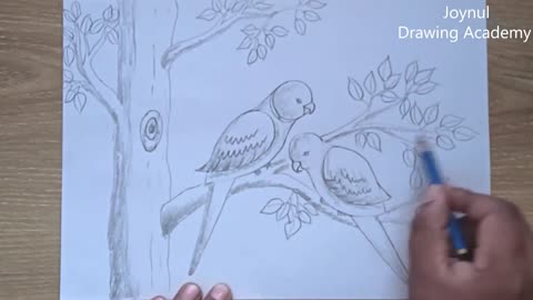 How to draw parrot couple on tree step by step very easyp7