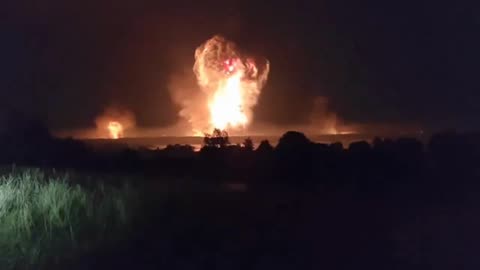 Multiple drones hit military site in Toropets, Russia, causing a huge explosion.