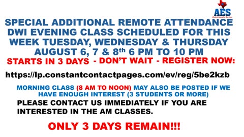 SPECIAL ADDITIONAL REMOTE ATTENDANCE DWI EVENING CLASS